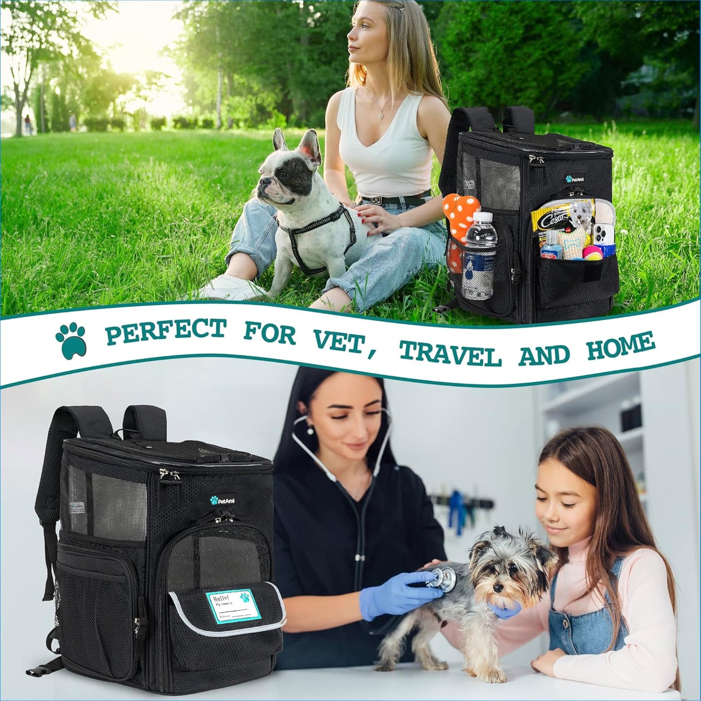 Dog Backpack Carrier, Airline Approved Cat Backpacks for Carrying Small Large Cats, Pet Carrier Back Pack, Ventilated Soft Sided for Travel, Hiking, Camping, Max 18 Lbs, Black