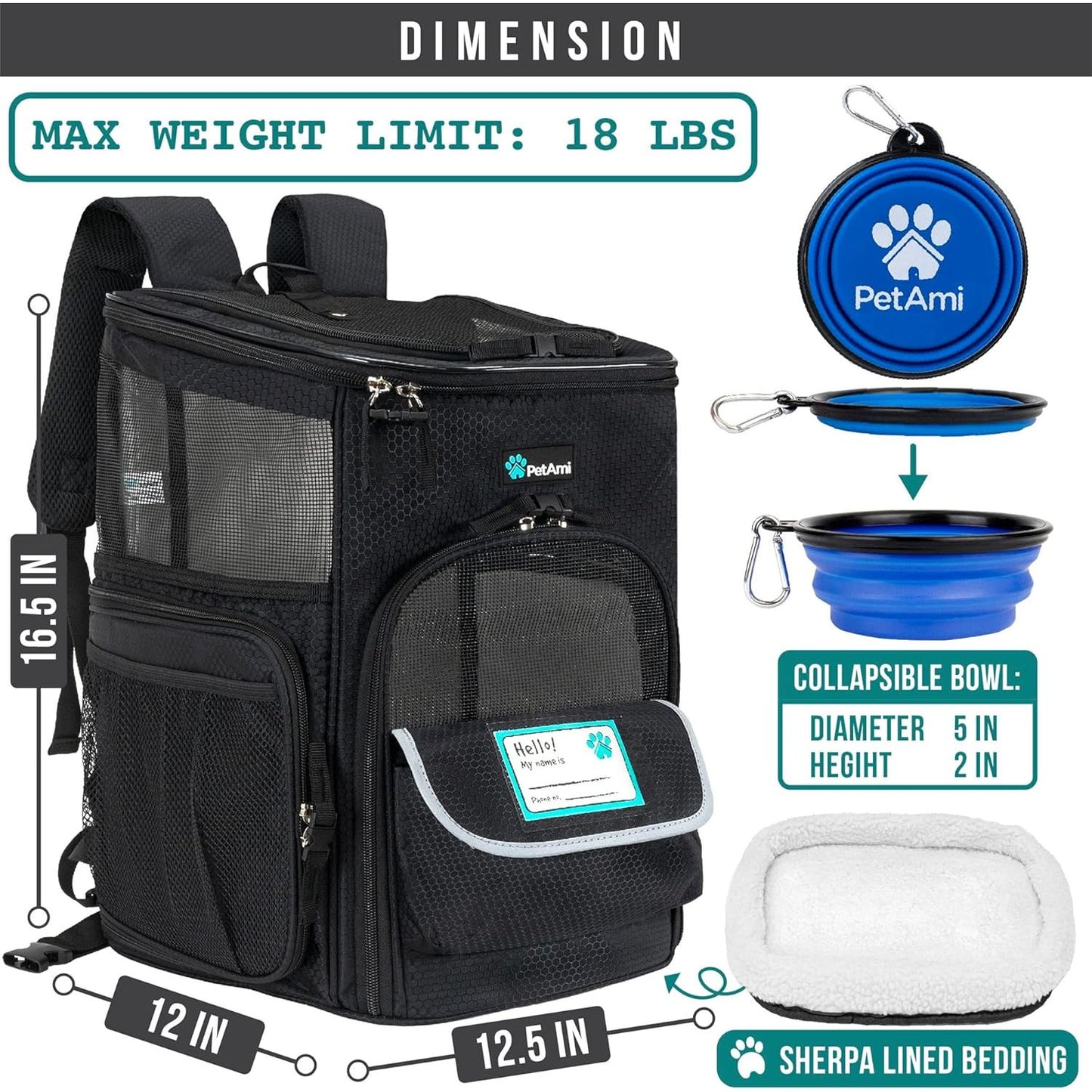 Dog Backpack Carrier, Airline Approved Cat Backpacks for Carrying Small Large Cats, Pet Carrier Back Pack, Ventilated Soft Sided for Travel, Hiking, Camping, Max 18 Lbs, Black