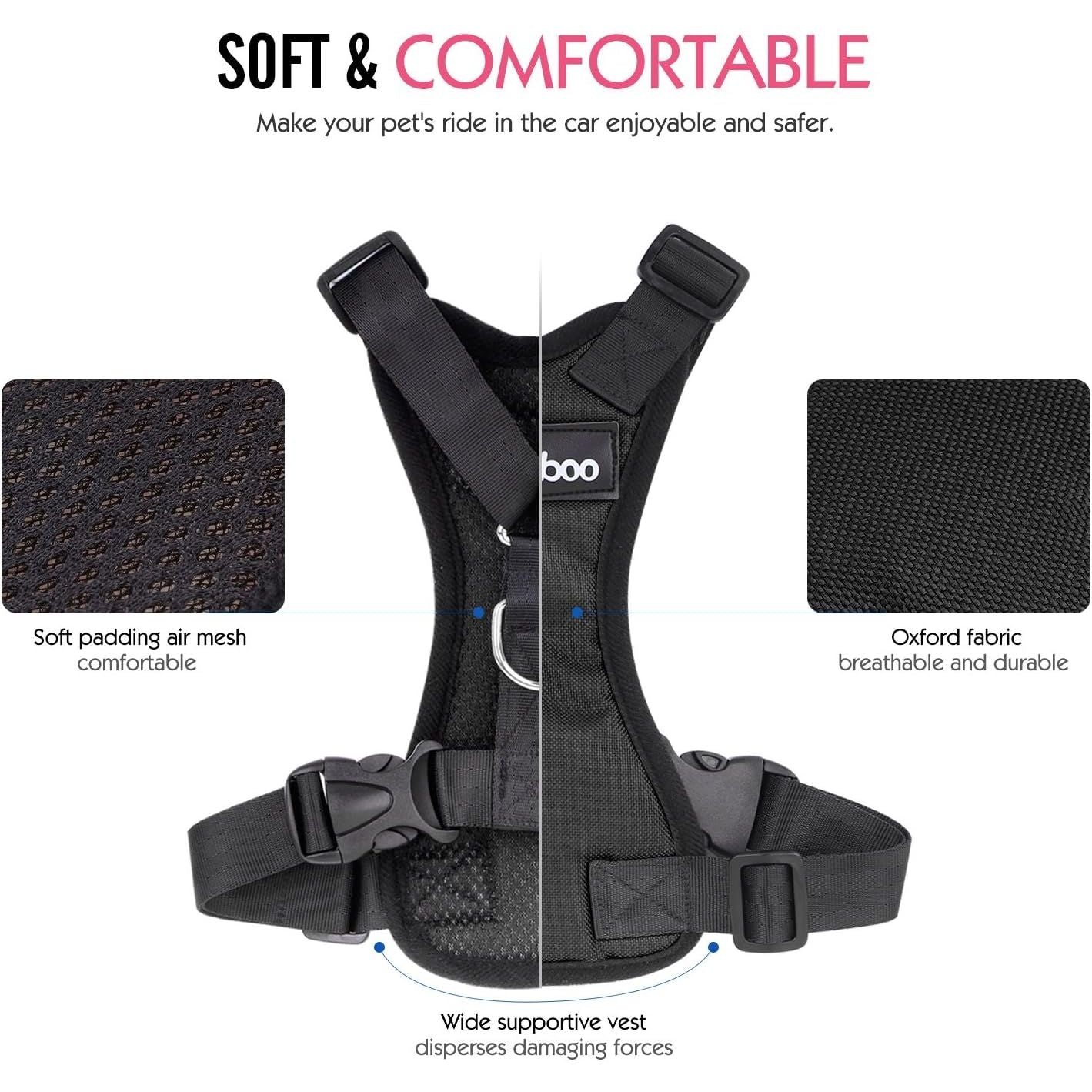 Dog Safety Vest Harness, Pet Car Harness Vehicle Seat Belt with Adjustable Strap and Buckle Clip, Easy Control for Driving Traveling Safety for Small Medium Dogs Cats, Medium, Black