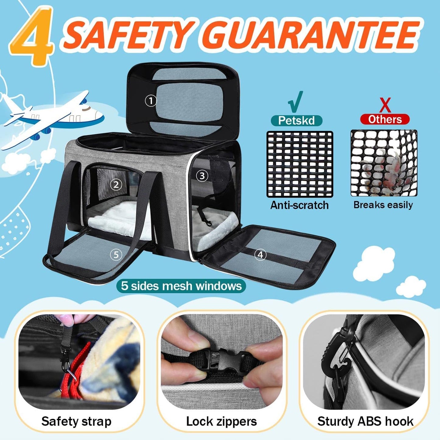 Top-Expandable Pet Carrier 17X12X8.5 Inches Jetblue Allegiant Spirit Airline Approved, Soft-Sided Carrier for Small Cats and Dogs with Locking Safety Zippers and Anti-Scratch Mesh(Grey)