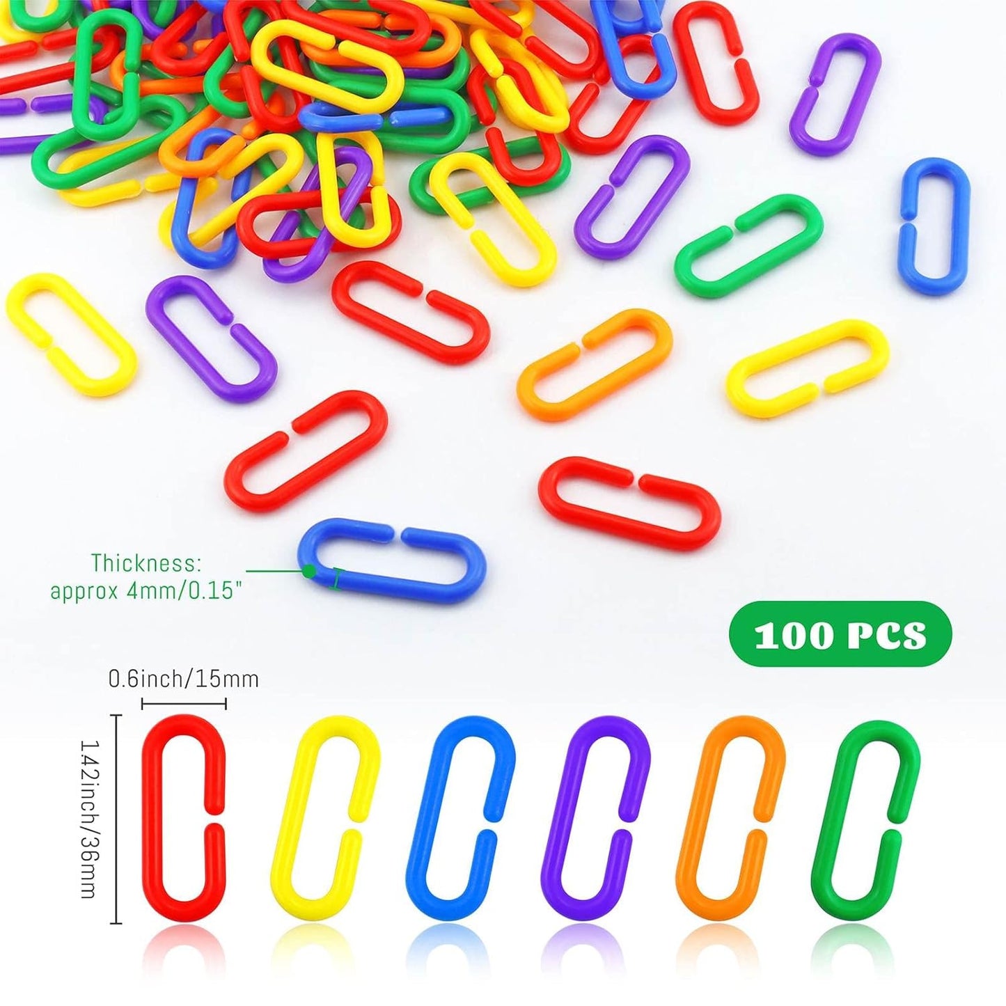 JIALEEY 100PCS Plastic Chain Links, Children'S Learning Toy, Mix Color Rainbow DIY C-Clips Chains Hooks Swing Climbing Cage Toys for Bird Sugar Glider Rat Parrot