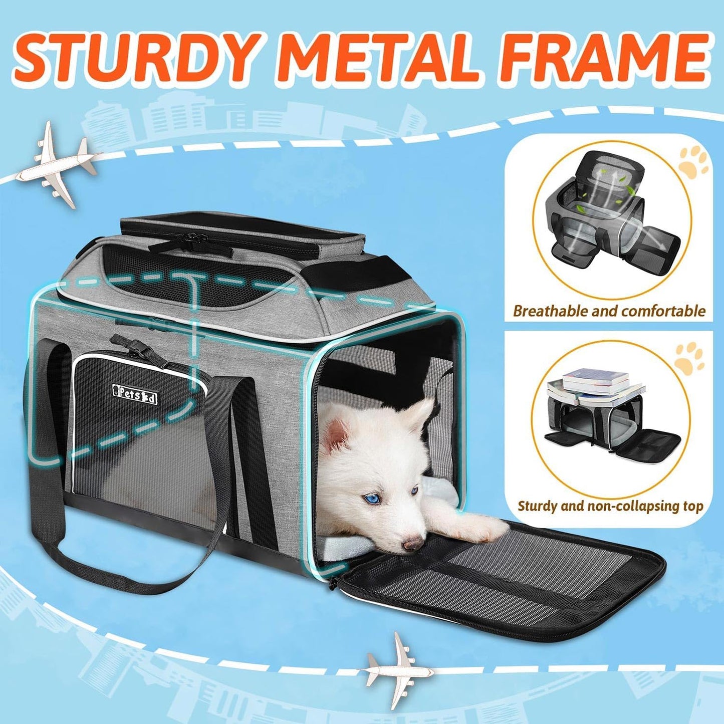 Top-Expandable Pet Carrier 17X12X8.5 Inches Jetblue Allegiant Spirit Airline Approved, Soft-Sided Carrier for Small Cats and Dogs with Locking Safety Zippers and Anti-Scratch Mesh(Grey)