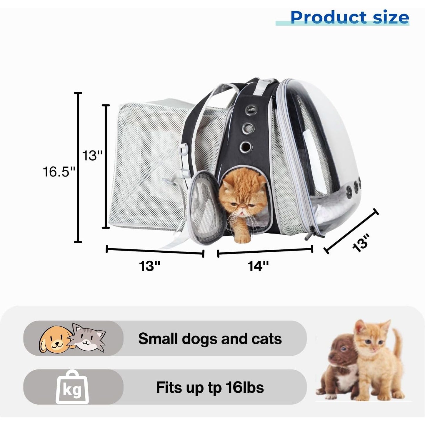 Cat Carrier Backpack, Bubble Dual Expandable Backpack Carrier, Pets and Small Dogs,Airline-Approved, Designed for Travel, Hiking, Walking & Outdoor Use (Dual Expandable-Black)