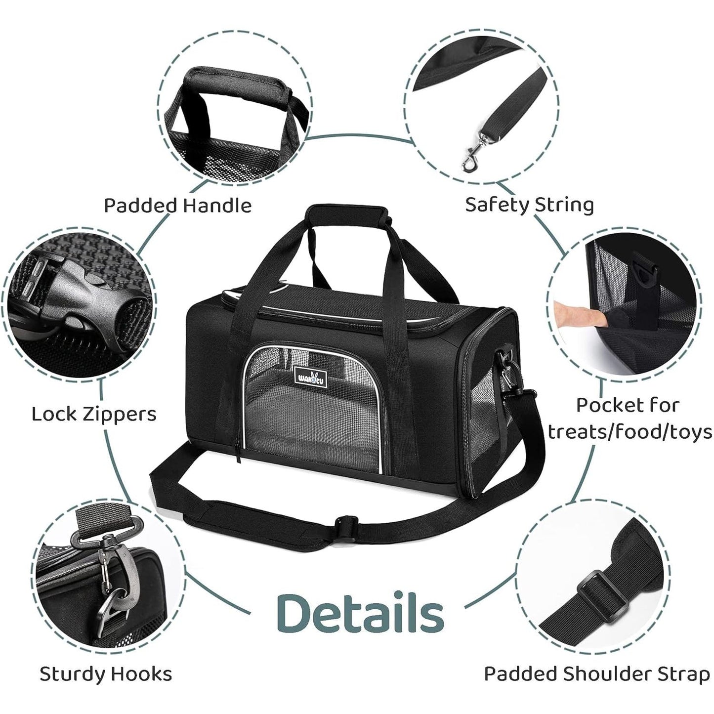 TSA Approved Pet Carrier for Small Medium Cats and Dogs | Dog Carrier with Adequate Ventilation | 4 Mesh Windows, 3 Entrance, Locking Safety Zippers, Padded Shoulder Strap, Black