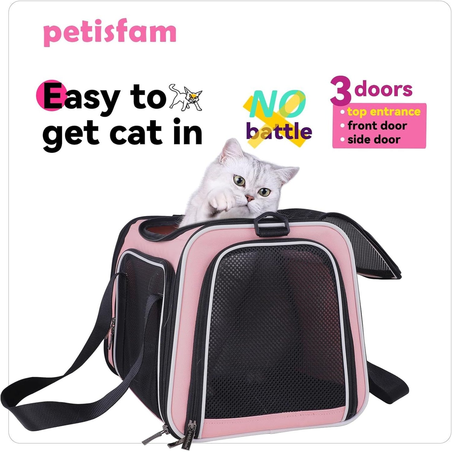 Soft Pet Carrier for Medium Cats and Small Dogs with Cozy Bed, 3 Doors, Top Entrance | Airline Approved, Escape-Proof, Breathable, Leak-Proof, Easy Storage (Pink)
