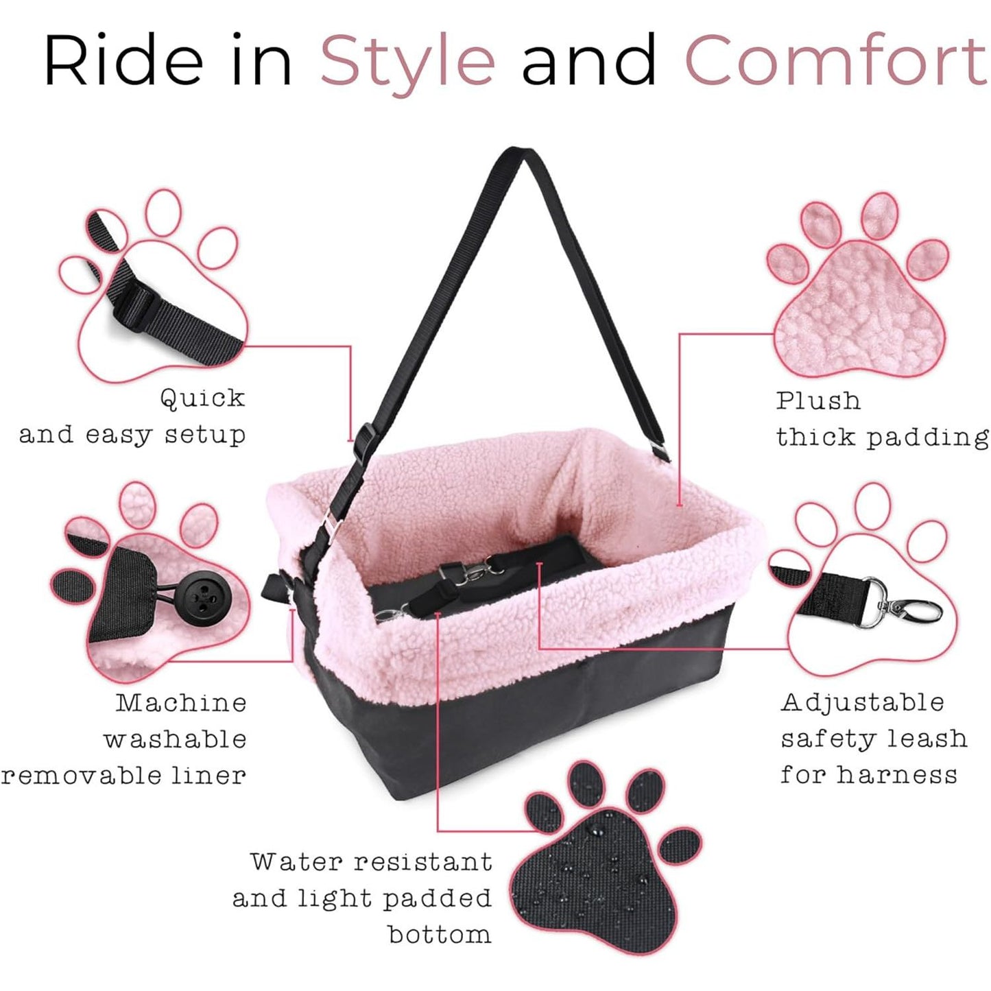Dog Car Seat for Small Dogs - Grey Dog Booster Seat- Washable, Adjustable and Collapsible Pet Travel Carrier Bed- Includes Safety Seat Belt Tether for Small Dogs, Puppies and Pets up to 18 Lbs