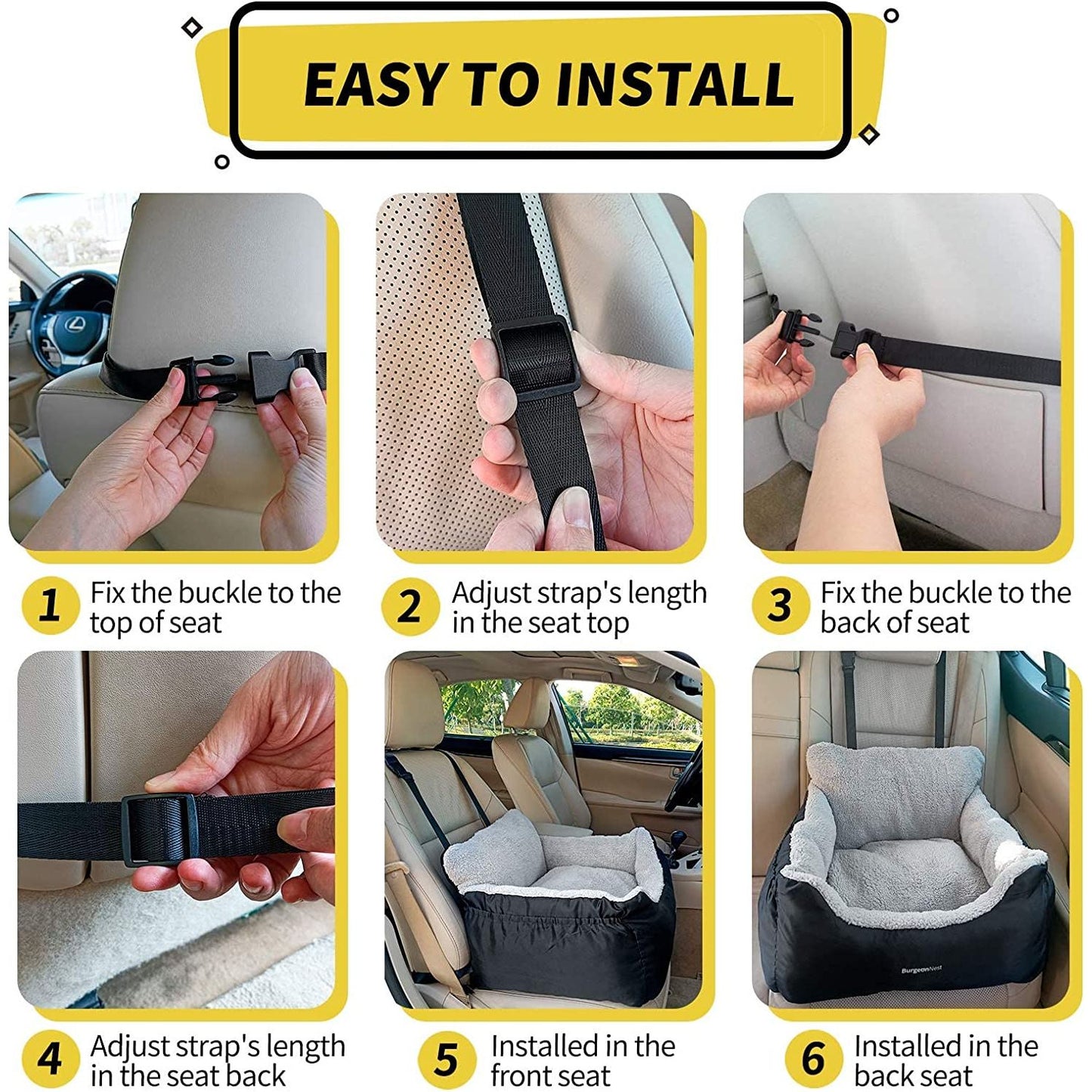 Dog Car Seat for Small Dogs, Fully Detachable and Washable Cat Carseats under 25 Lbs, Soft Pet Booster Seats with Storage Pockets and Clip-On Leash Portable Car Travel Carrier Bed, Black