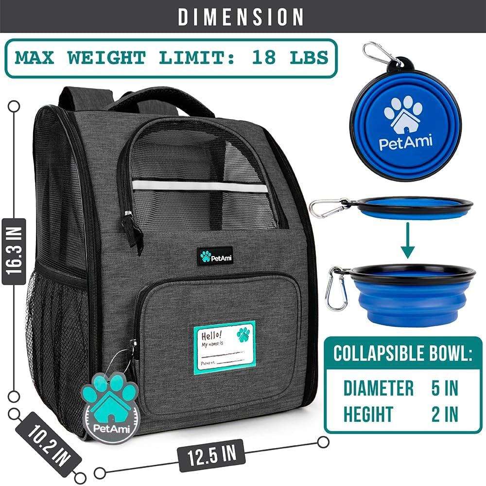 Dog Backpack Carrier for Small Large Cat, Puppy - Ventilated Hiking Travel Bag, Airline Approved, Camping Biking up to 18Lbs - Charcoal
