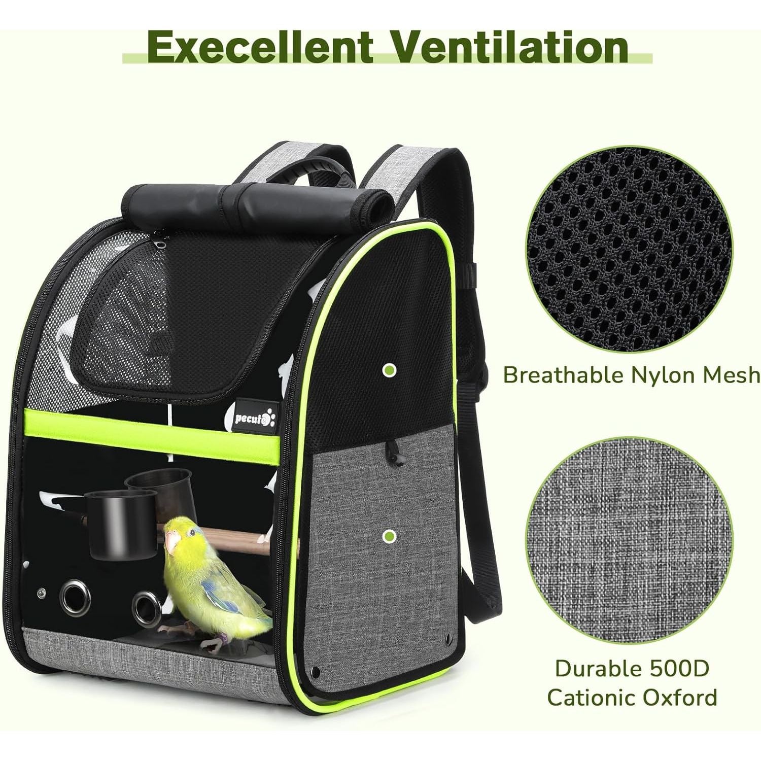 Bird Carrier Backpack, Parrots Bird Backpack with Visible Window, Adjustable Height Standing Perch, Feeding Cans, Waterproof Pads, Lightweight Foldable Birds Travel Cage for Hiking Camping