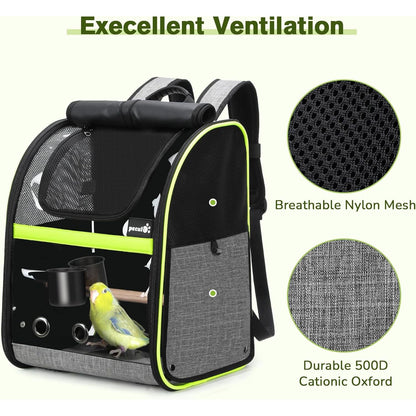 Bird Carrier Backpack, Parrots Bird Backpack with Visible Window, Adjustable Height Standing Perch, Feeding Cans, Waterproof Pads, Lightweight Foldable Birds Travel Cage for Hiking Camping