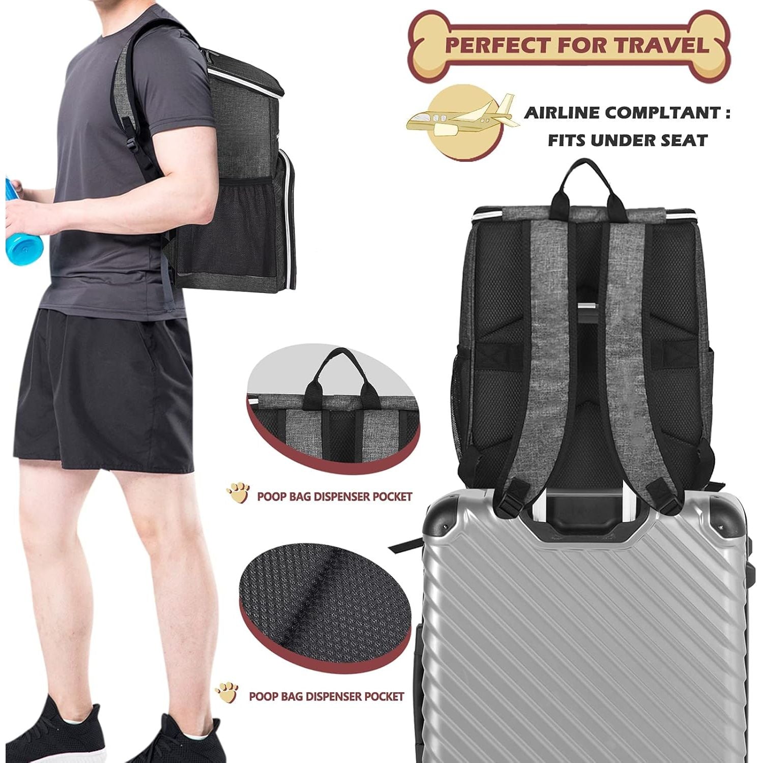 丨Dog Travel Bag Backpack, Airline Approved Pet Supplies Backpack, Dog Travel Backpack with 2 Silicone Collapsible Bowls and 2 Food Baskets Grey