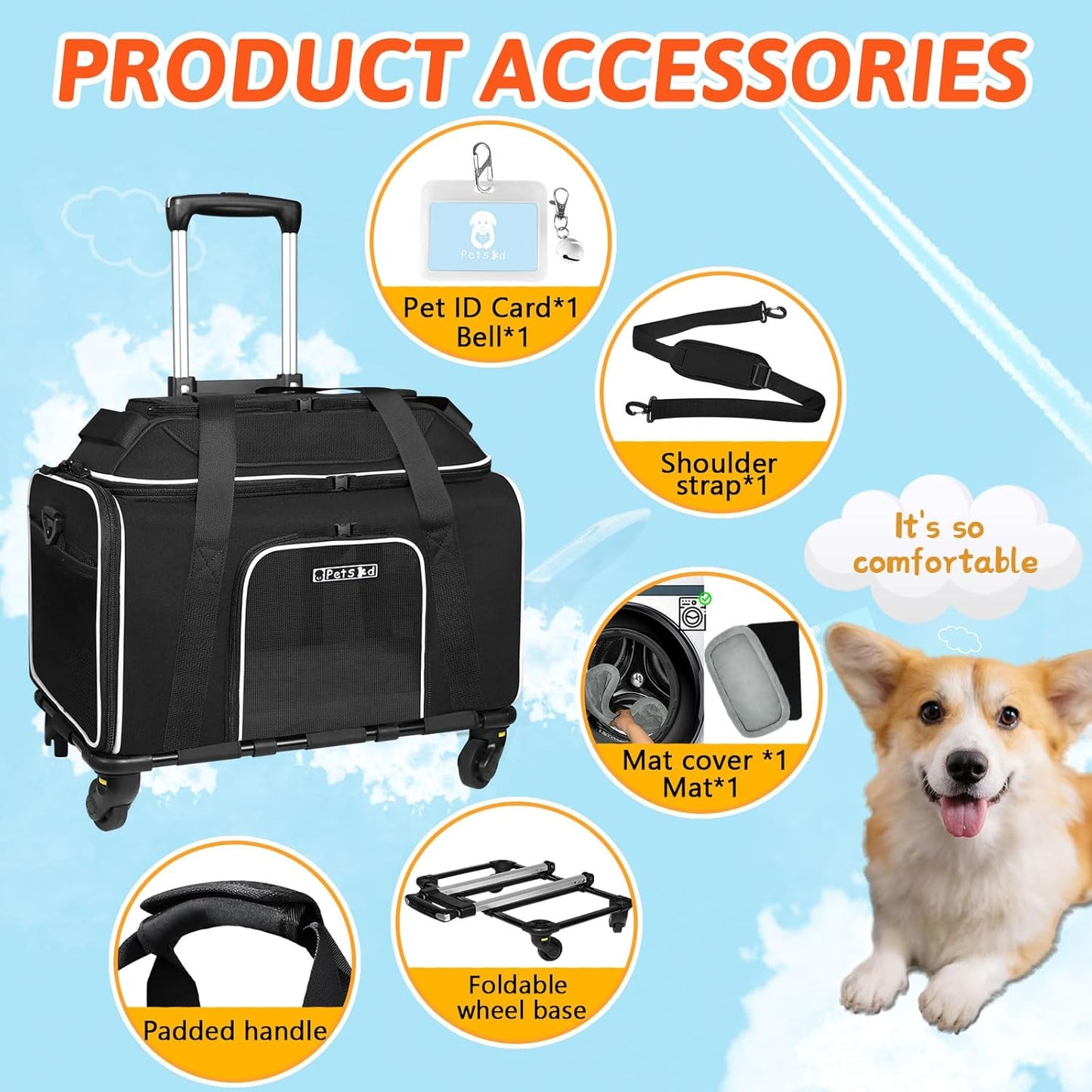 Top-Expandable Pet Carrier with Wheels 18X11X11 Inches Delta American United Airline Approved, Soft-Sided Carrier for Small Cats Dogs with Locking Safety Zippers and Anti-Scratch Mesh(Black)