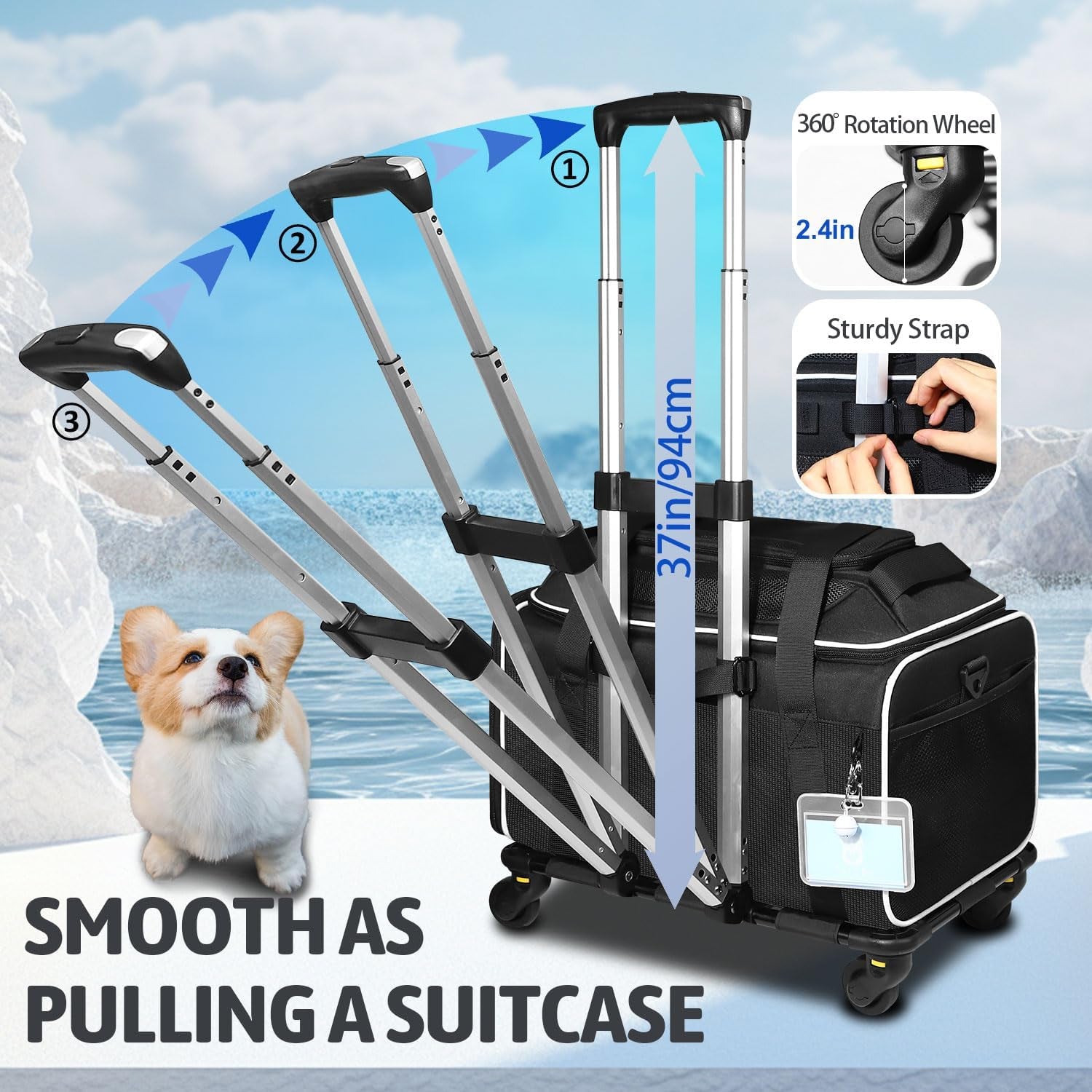 Top-Expandable Pet Carrier with Wheels 18X11X11 Inches Delta American United Airline Approved, Soft-Sided Carrier for Small Cats Dogs with Locking Safety Zippers and Anti-Scratch Mesh(Black)