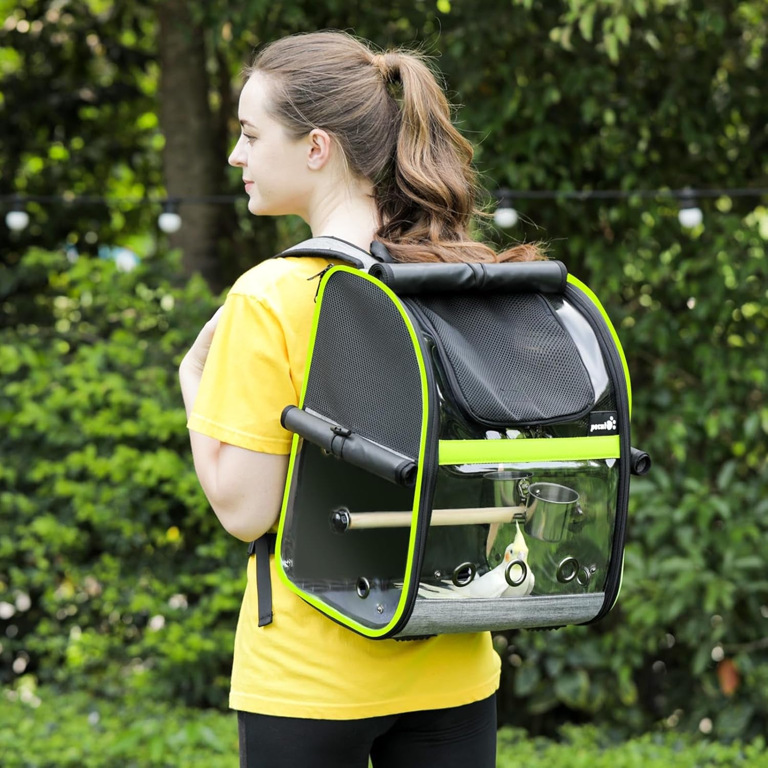 Bird Carrier Backpack, Parrots Bird Backpack with Visible Window, Adjustable Height Standing Perch, Feeding Cans, Waterproof Pads, Lightweight Foldable Birds Travel Cage for Hiking Camping
