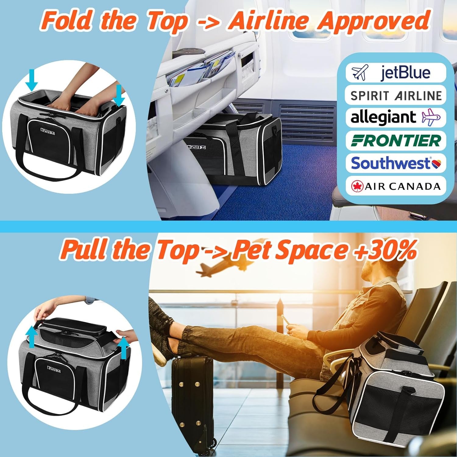 Top-Expandable Pet Carrier 17X12X8.5 Inches Jetblue Allegiant Spirit Airline Approved, Soft-Sided Carrier for Small Cats and Dogs with Locking Safety Zippers and Anti-Scratch Mesh(Grey)