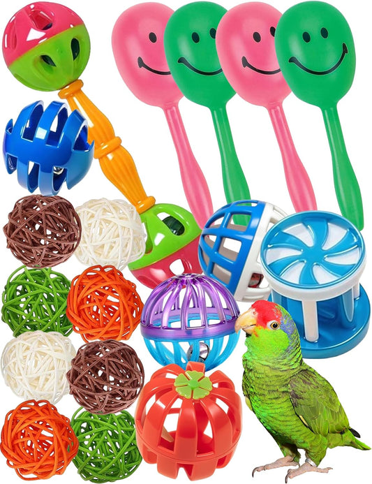 Bird Toys 18 Pcs Set, Colorful Plastic & Woven Rattan Balls with Bells for Parrots & Small Birds - Safe, Strong, & Stimulating Play for Beak Health & Foot Flexibility
