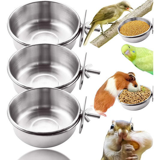 3 Pack Bird Feeding Bowls Cups Parrot Food Water Dishes, Stainless Steel Bird Bowl Cup Dish with Clamp, Birdcage Feeder Pet Cage Bowls for Cockatiel Budgie Conure Macaw Parakeet Small Animal