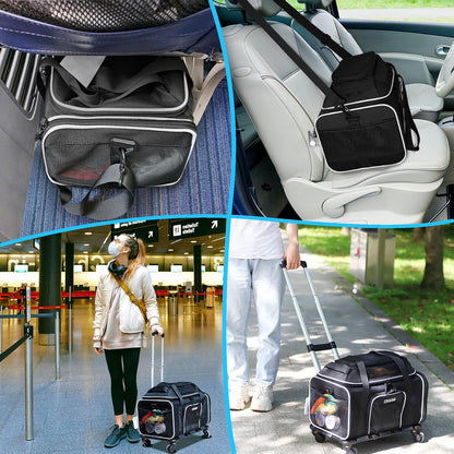 Top-Expandable Pet Carrier with Wheels 18X11X11 Inches Delta American United Airline Approved, Soft-Sided Carrier for Small Cats Dogs with Locking Safety Zippers and Anti-Scratch Mesh(Black)