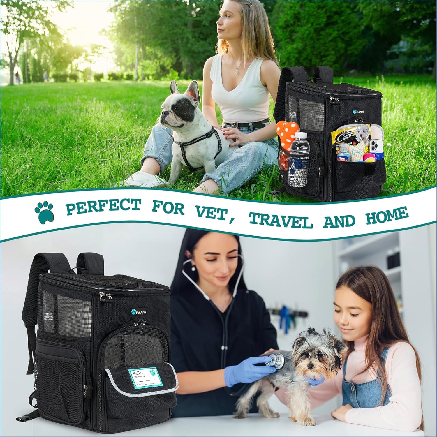Dog Backpack Carrier, Airline Approved Cat Backpacks for Carrying Small Large Cats, Pet Carrier Back Pack, Ventilated Soft Sided for Travel, Hiking, Camping, Max 18 Lbs, Black