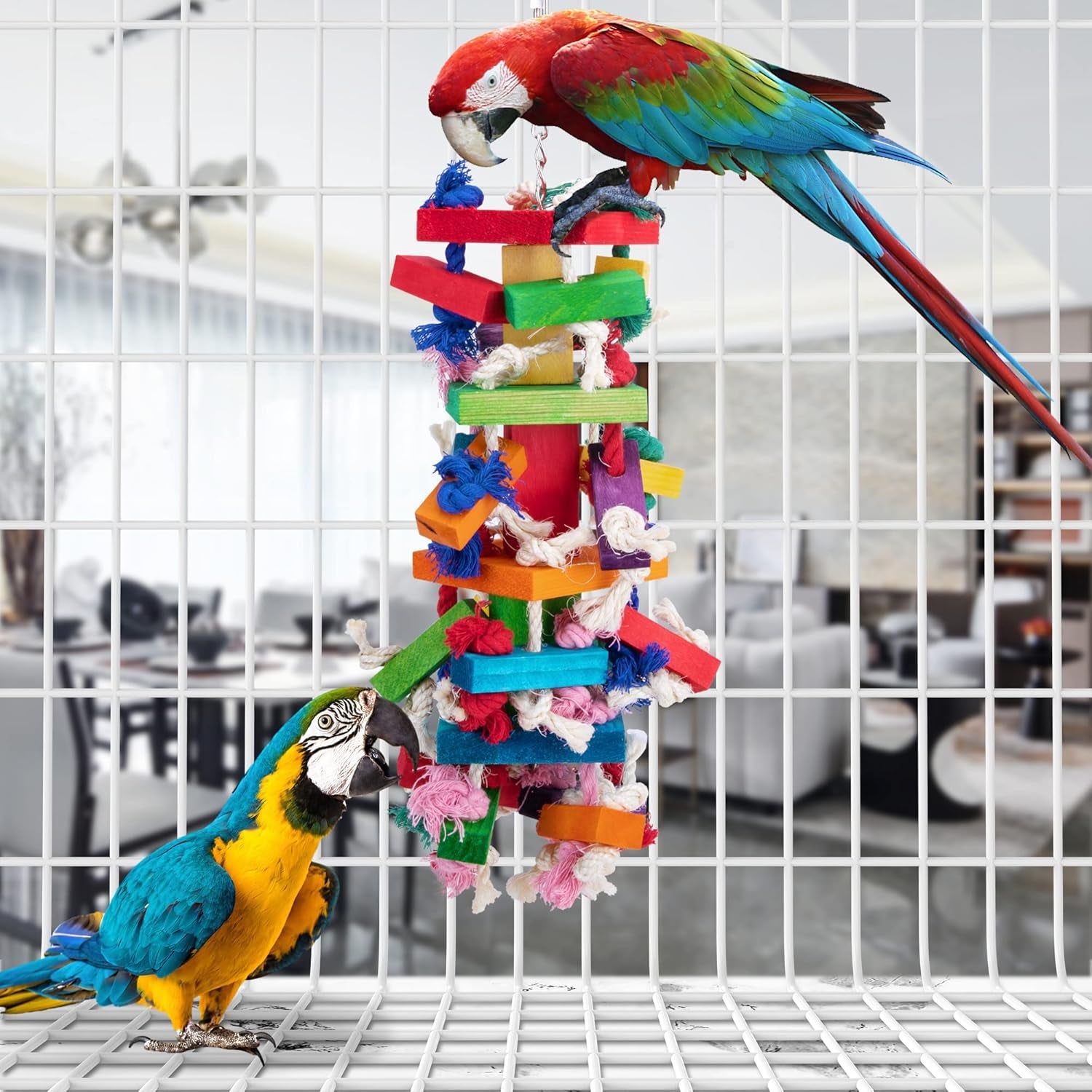 Bird Block Knots Tearing Toy -19.7 Inch Multicolored Natural Wooden Parrot Chewing Toy Suggested for Macaws Cokatoos,African Grey and a Variety of Amazon Parrots.(Large Size)