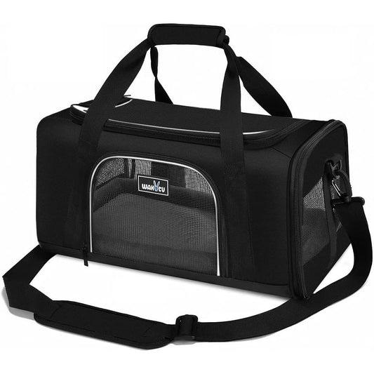 TSA Approved Pet Carrier for Small Medium Cats and Dogs | Dog Carrier with Adequate Ventilation | 4 Mesh Windows, 3 Entrance, Locking Safety Zippers, Padded Shoulder Strap, Black