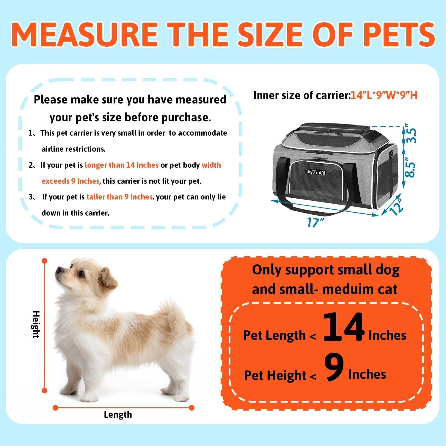 Top-Expandable Pet Carrier 17X12X8.5 Inches Jetblue Allegiant Spirit Airline Approved, Soft-Sided Carrier for Small Cats and Dogs with Locking Safety Zippers and Anti-Scratch Mesh(Grey)