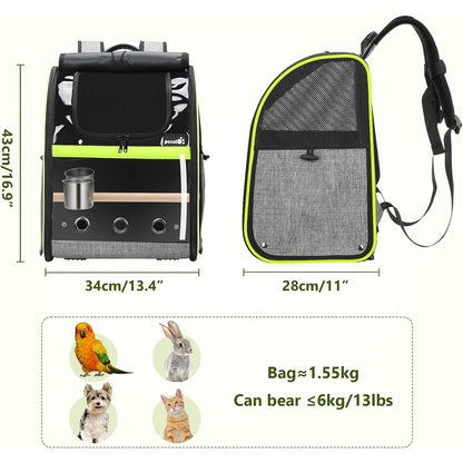 Bird Carrier Backpack, Parrots Bird Backpack with Visible Window, Adjustable Height Standing Perch, Feeding Cans, Waterproof Pads, Lightweight Foldable Birds Travel Cage for Hiking Camping