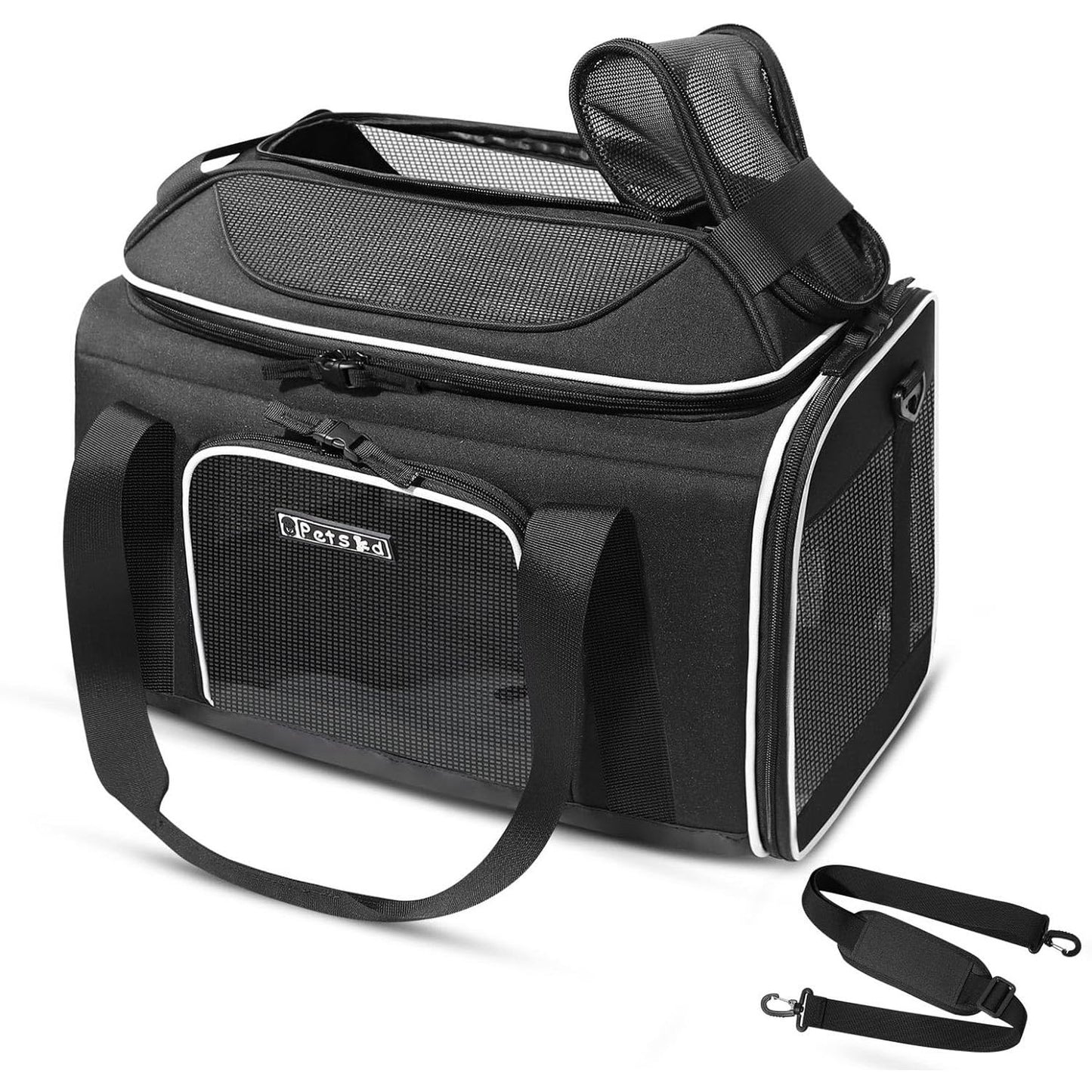 Top-Expandable Pet Carrier 18X11X11 Inches Delta American United Airline Approved, Soft-Sided Carrier for Small Cats and Dogs with Locking Safety Zippers and Anti-Scratch Mesh(Black)