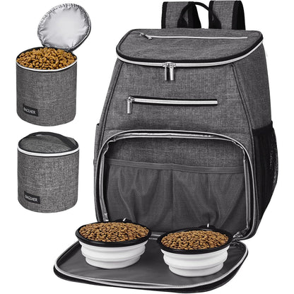 丨Dog Travel Bag Backpack, Airline Approved Pet Supplies Backpack, Dog Travel Backpack with 2 Silicone Collapsible Bowls and 2 Food Baskets Grey