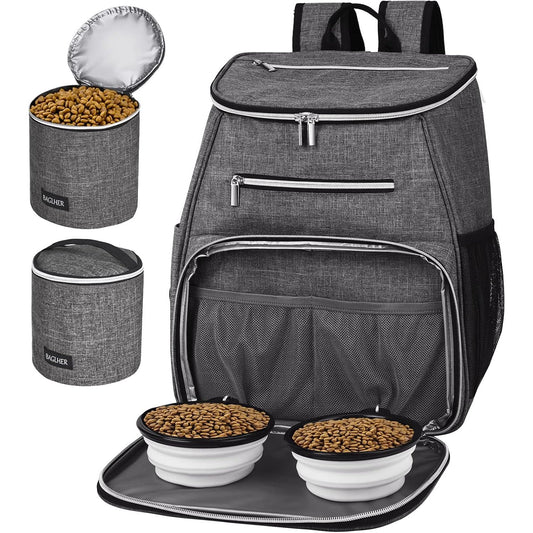丨Dog Travel Bag Backpack, Airline Approved Pet Supplies Backpack, Dog Travel Backpack with 2 Silicone Collapsible Bowls and 2 Food Baskets Grey