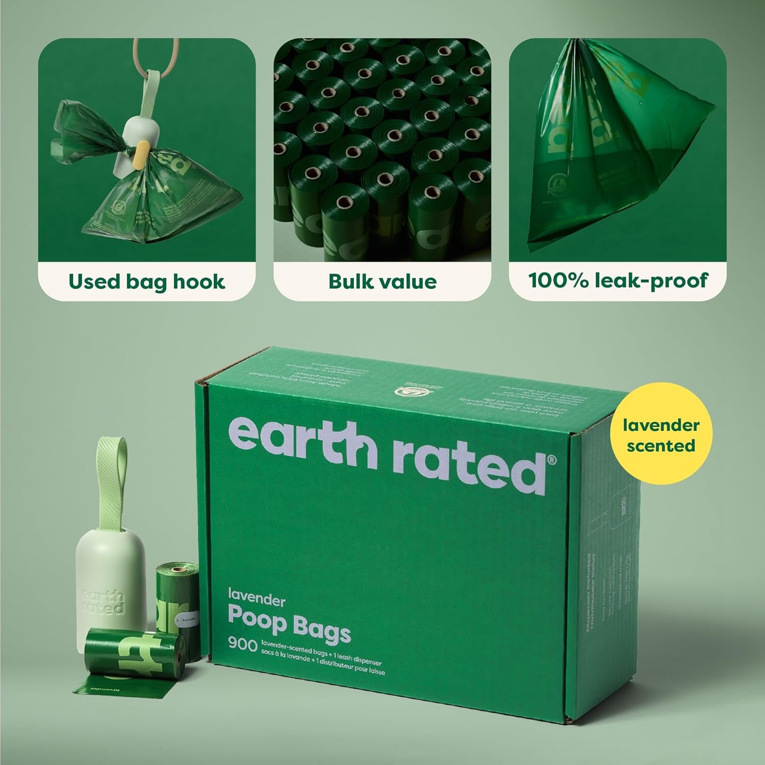 (A Canadian Company), Dog Poop Bag Holder with Dog Poop Bags Rolls, Durable and Guaranteed Leakproof, Lavender Scented, 1 Dispenser and 900 Bags
