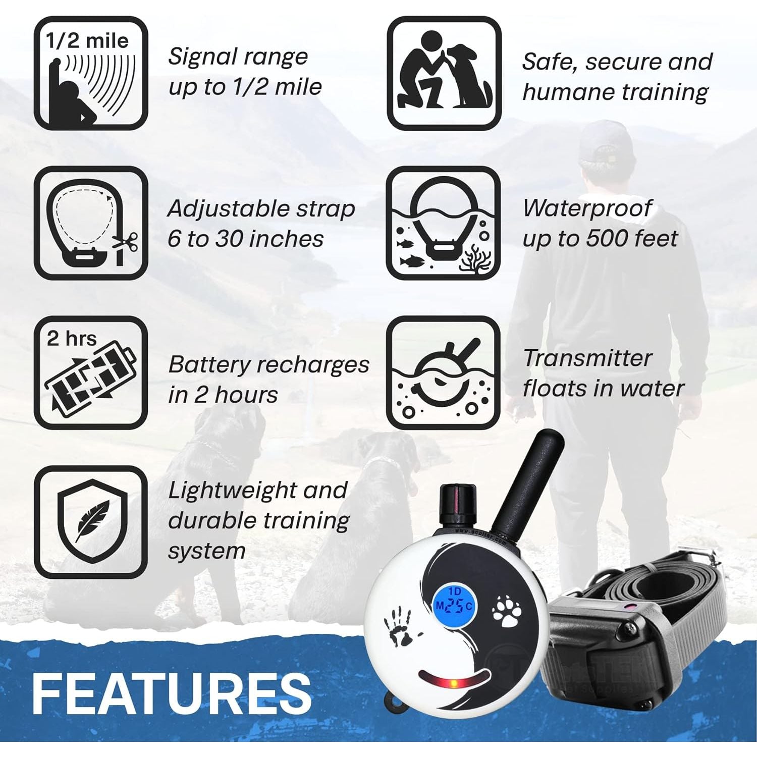 E-Collar - ET-300ZEN - 1/2 Mile Remote Waterproof Trainer Mini  - Static, Vibration and Sound Stimulation Collar with Petstek Dog Training Clicker