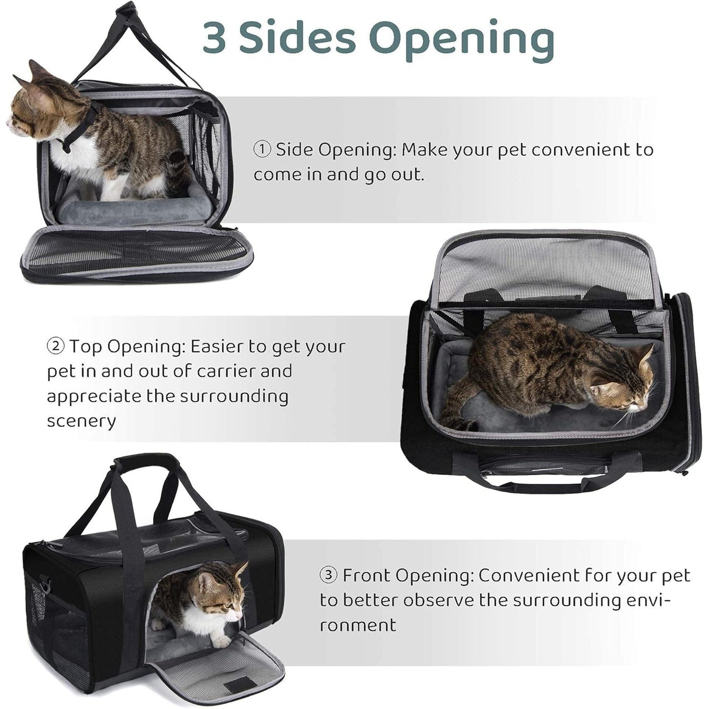 TSA Approved Pet Carrier for Small Medium Cats and Dogs | Dog Carrier with Adequate Ventilation | 4 Mesh Windows, 3 Entrance, Locking Safety Zippers, Padded Shoulder Strap, Black