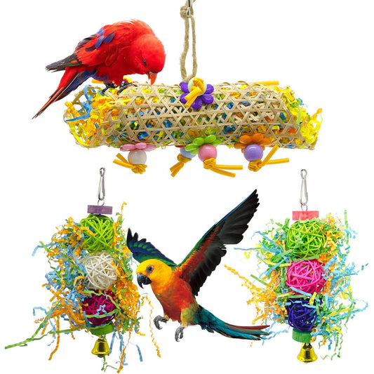 SHANTU 3Pack Bird Chewing Toys Foraging Shredder Toy Parrot Cage Shredder Toy Bird Loofah Toys Foraging Hanging Toy for Cockatiel Conure African Grey Parrot