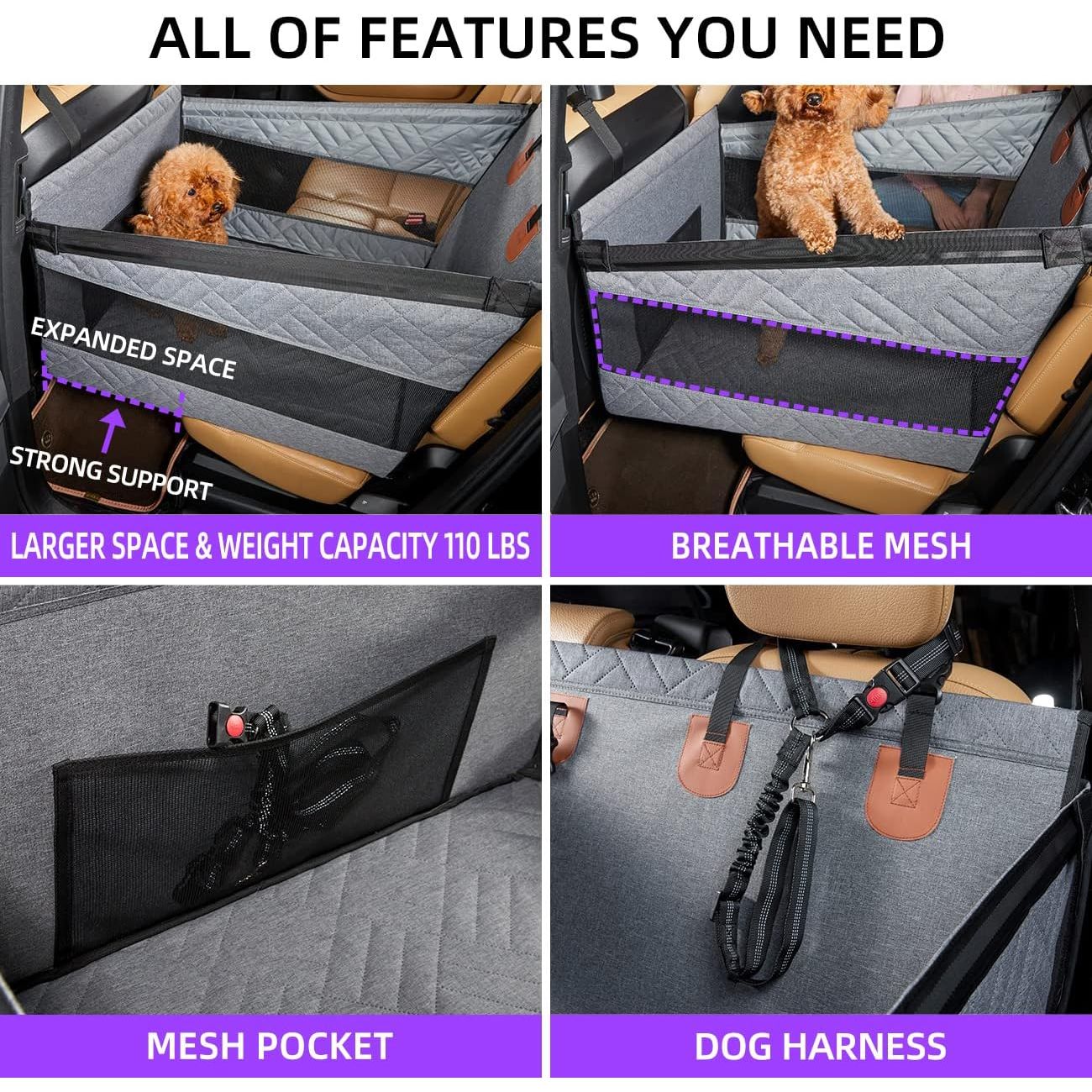 Large Dog Car Seat,Back Seat Extender for Dogs,Waterproof Medium Dog Seat Cover for Backseat, Pet Bed for Car Hammock(Black-L)