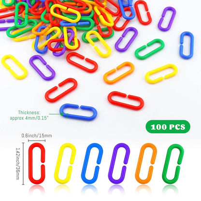 JIALEEY 100PCS Plastic Chain Links, Children'S Learning Toy, Mix Color Rainbow DIY C-Clips Chains Hooks Swing Climbing Cage Toys for Bird Sugar Glider Rat Parrot