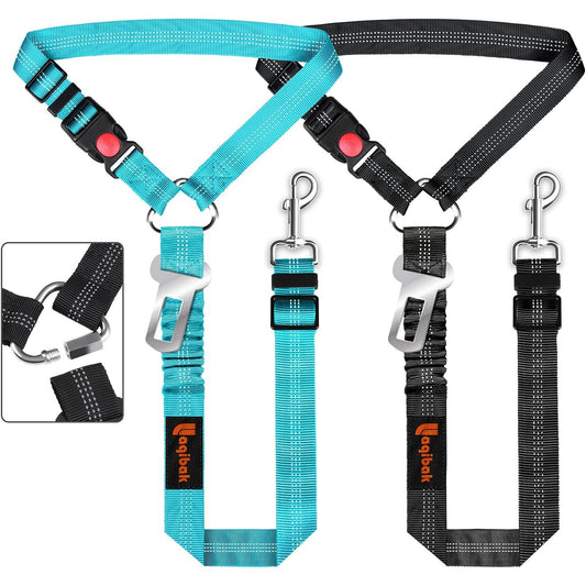 Removable Dog Seat Belt Harness for Car, 3 in 1 Pet Dog Car Seatbelt Leash, Retractable Restraint Secures to Vehicle Headrest & Adjustable Reflective Bungee Dog Seatbelt Tether, Blue and Black