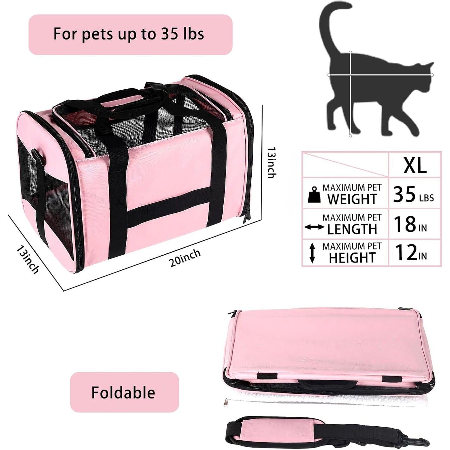 Cat Carrier Large Dog Cat Carriers Puppies up to 30Lbs, Big Dog Carrier Soft Sided, Collapsible Travel Puppy Carrier (X-Large, Pink)