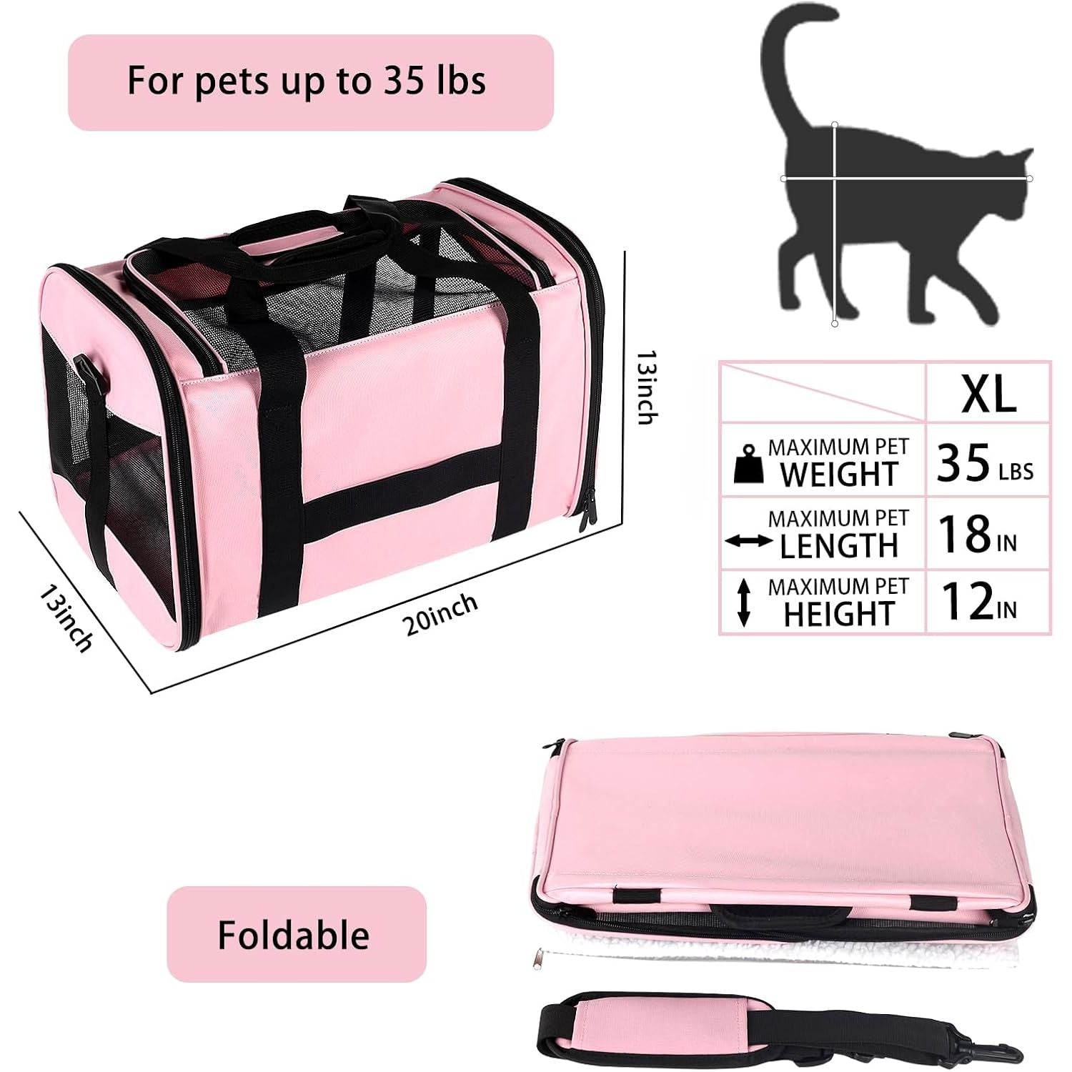 Cat Carrier Large Dog Cat Carriers Puppies up to 30Lbs, Big Dog Carrier Soft Sided, Collapsible Travel Puppy Carrier (X-Large, Pink)