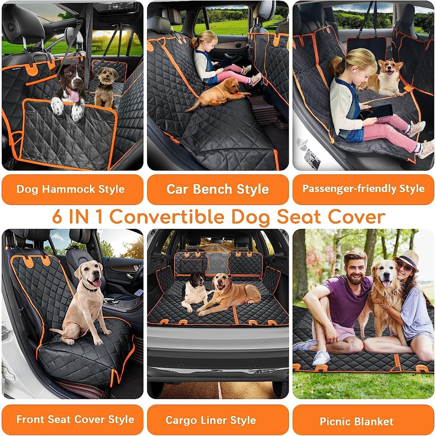 6-In-1 Dog Car Seat Cover for Back Seat, Waterproof Dog Car Hammock with Mesh Window, Non-Slip Pet Backseat Protector for Cars, Trucks and Suvs