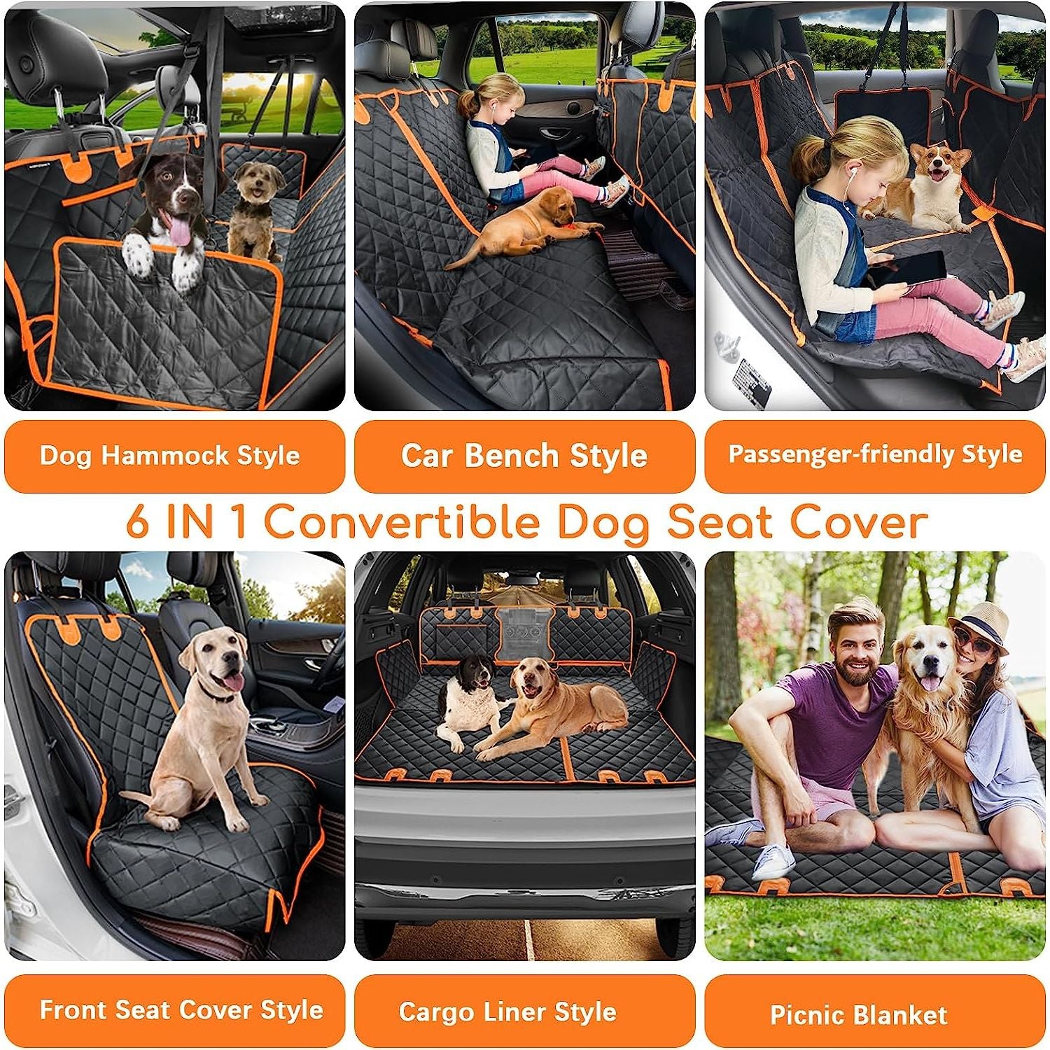 6-In-1 Dog Car Seat Cover for Back Seat, Waterproof Dog Car Hammock with Mesh Window, Non-Slip Pet Backseat Protector for Cars, Trucks and Suvs