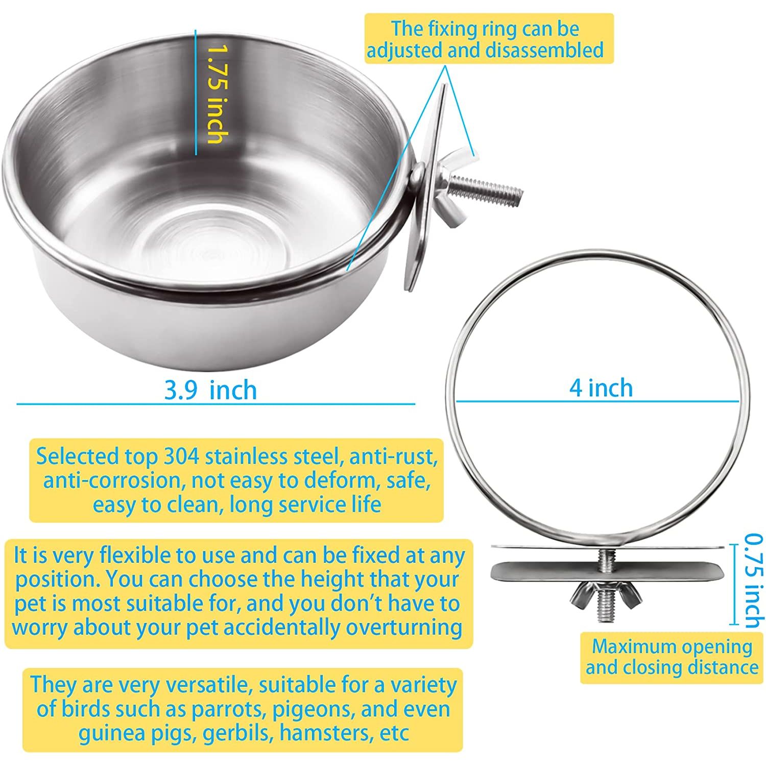 3 Pack Bird Feeding Bowls Cups Parrot Food Water Dishes, Stainless Steel Bird Bowl Cup Dish with Clamp, Birdcage Feeder Pet Cage Bowls for Cockatiel Budgie Conure Macaw Parakeet Small Animal