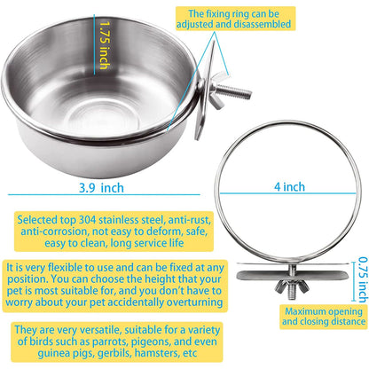 3 Pack Bird Feeding Bowls Cups Parrot Food Water Dishes, Stainless Steel Bird Bowl Cup Dish with Clamp, Birdcage Feeder Pet Cage Bowls for Cockatiel Budgie Conure Macaw Parakeet Small Animal