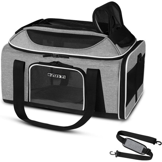 Top-Expandable Pet Carrier 17X12X8.5 Inches Jetblue Allegiant Spirit Airline Approved, Soft-Sided Carrier for Small Cats and Dogs with Locking Safety Zippers and Anti-Scratch Mesh(Grey)