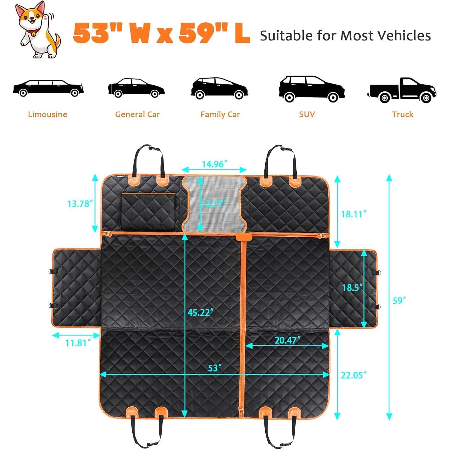 6-In-1 Dog Car Seat Cover for Back Seat, Waterproof Dog Car Hammock with Mesh Window, Non-Slip Pet Backseat Protector for Cars, Trucks and Suvs