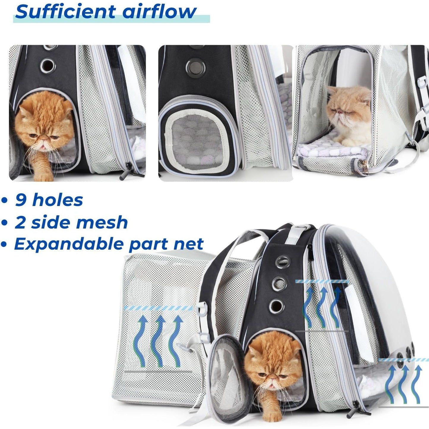 Cat Carrier Backpack, Bubble Dual Expandable Backpack Carrier, Pets and Small Dogs,Airline-Approved, Designed for Travel, Hiking, Walking & Outdoor Use (Dual Expandable-Black)