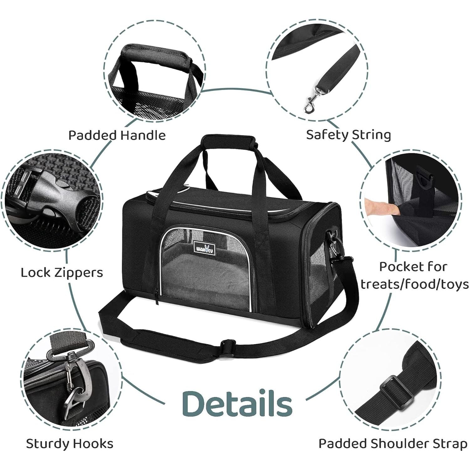 TSA Approved Pet Carrier for Small Medium Cats and Dogs | Dog Carrier with Adequate Ventilation | 4 Mesh Windows, 3 Entrance, Locking Safety Zippers, Padded Shoulder Strap, Black