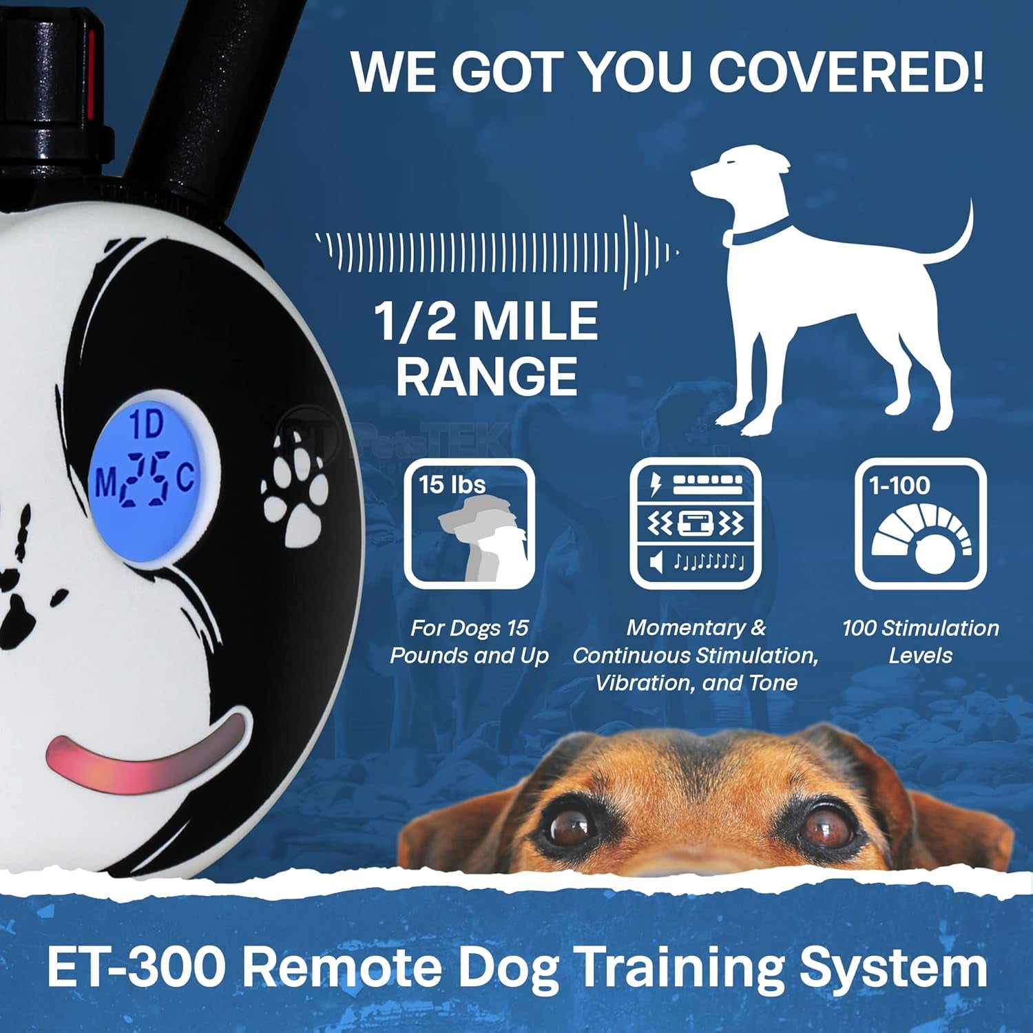 E-Collar - ET-300ZEN - 1/2 Mile Remote Waterproof Trainer Mini  - Static, Vibration and Sound Stimulation Collar with Petstek Dog Training Clicker