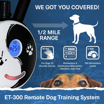 E-Collar - ET-300ZEN - 1/2 Mile Remote Waterproof Trainer Mini  - Static, Vibration and Sound Stimulation Collar with Petstek Dog Training Clicker