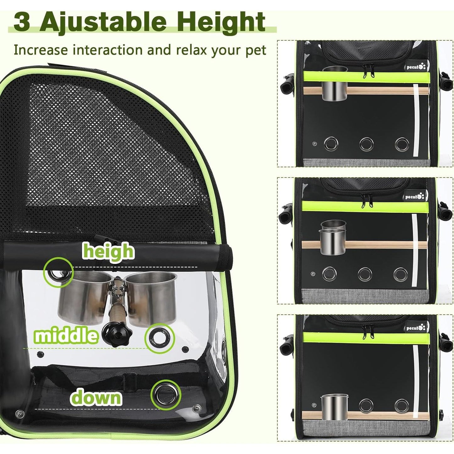 Bird Carrier Backpack, Parrots Bird Backpack with Visible Window, Adjustable Height Standing Perch, Feeding Cans, Waterproof Pads, Lightweight Foldable Birds Travel Cage for Hiking Camping